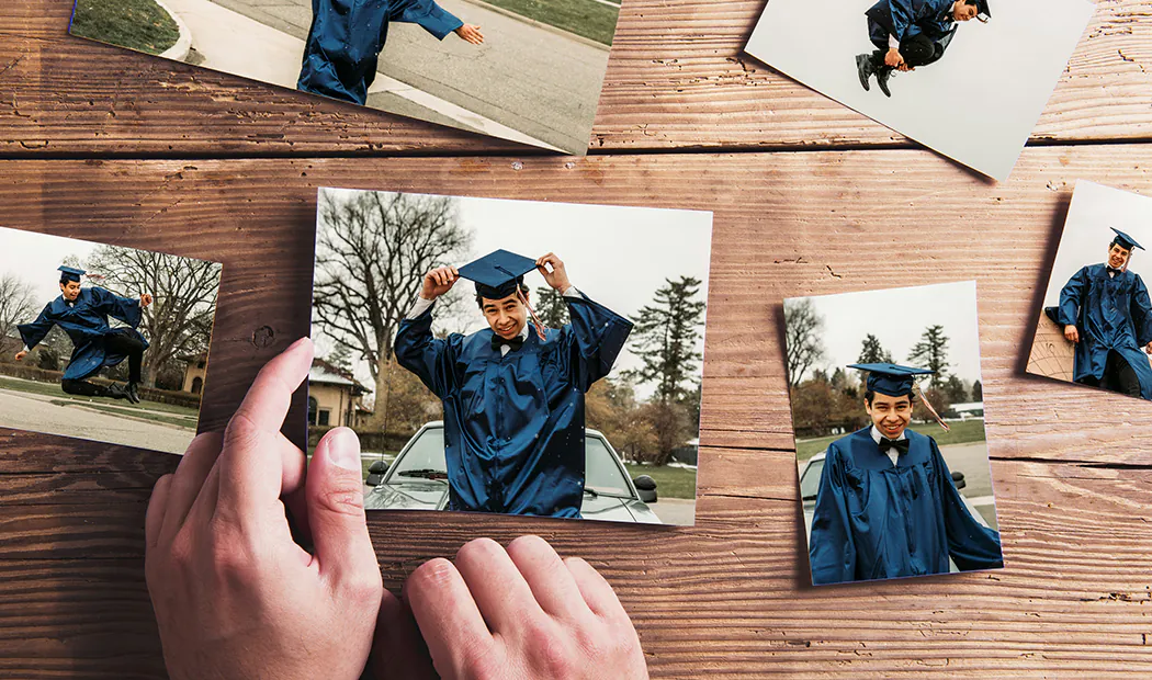 Photo Printing by Printerpix|Stack of custom photo prints from the Printerpix online photo printing service|Small medium and large photo prints on table from mobile phone|Photo Prints|Hands holding a photo print of three kids on holiday|Range of sizes of online photo prints of photos taken by mobile phone of family|||||