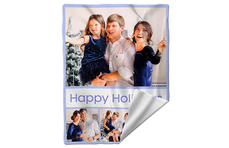 Mink Touch Photo Blanket by Printerpix|Personalised Blankets|Large photo blanket on double bed with picture of girl photo|Photo blanket image with size comparison|Photo blanket black and white collage image||||||