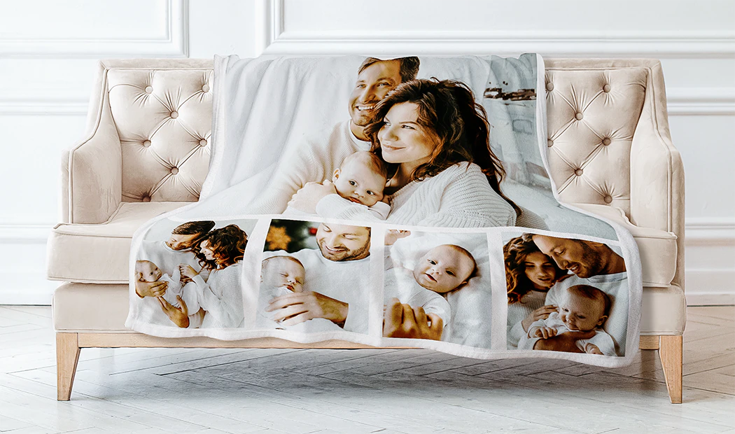 Mink Touch Photo Blanket by Printerpix|Personalised Blankets|Large photo blanket on double bed with picture of girl photo|Photo blanket image with size comparison|Photo blanket black and white collage image||||||