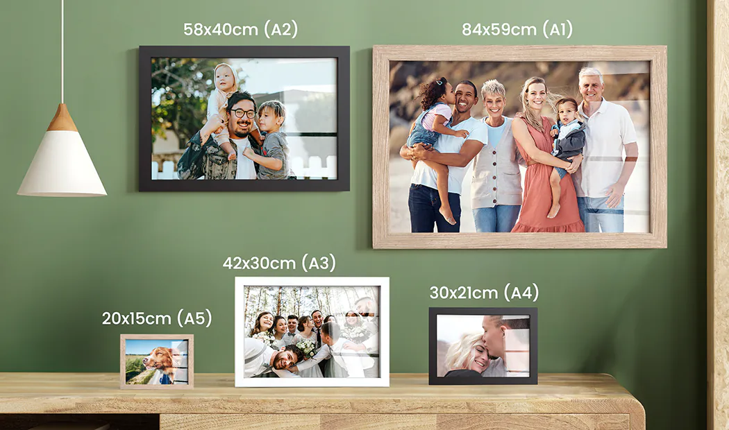 Personalised family photos in various sizes, from small to extra-large, beautifully framed. Create your perfect gallery wall!