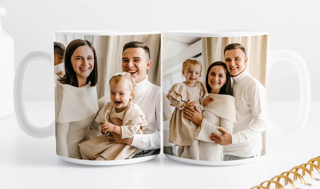 Personalised photo mug with picture of baby crawling wearing animal overall