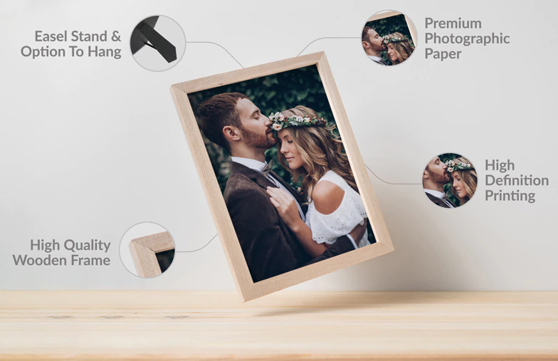 Personalised photo print in a high-quality wooden frame, with easel stand or hanging option. Premium paper & high-definition print.