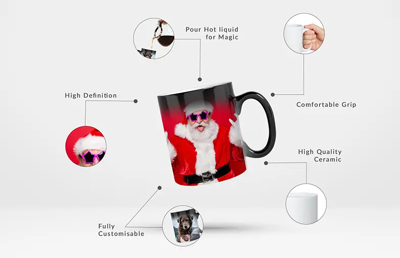 Personalised magic mug: High-def Santa design revealed with hot drinks. Fully customisable, high-quality ceramic.